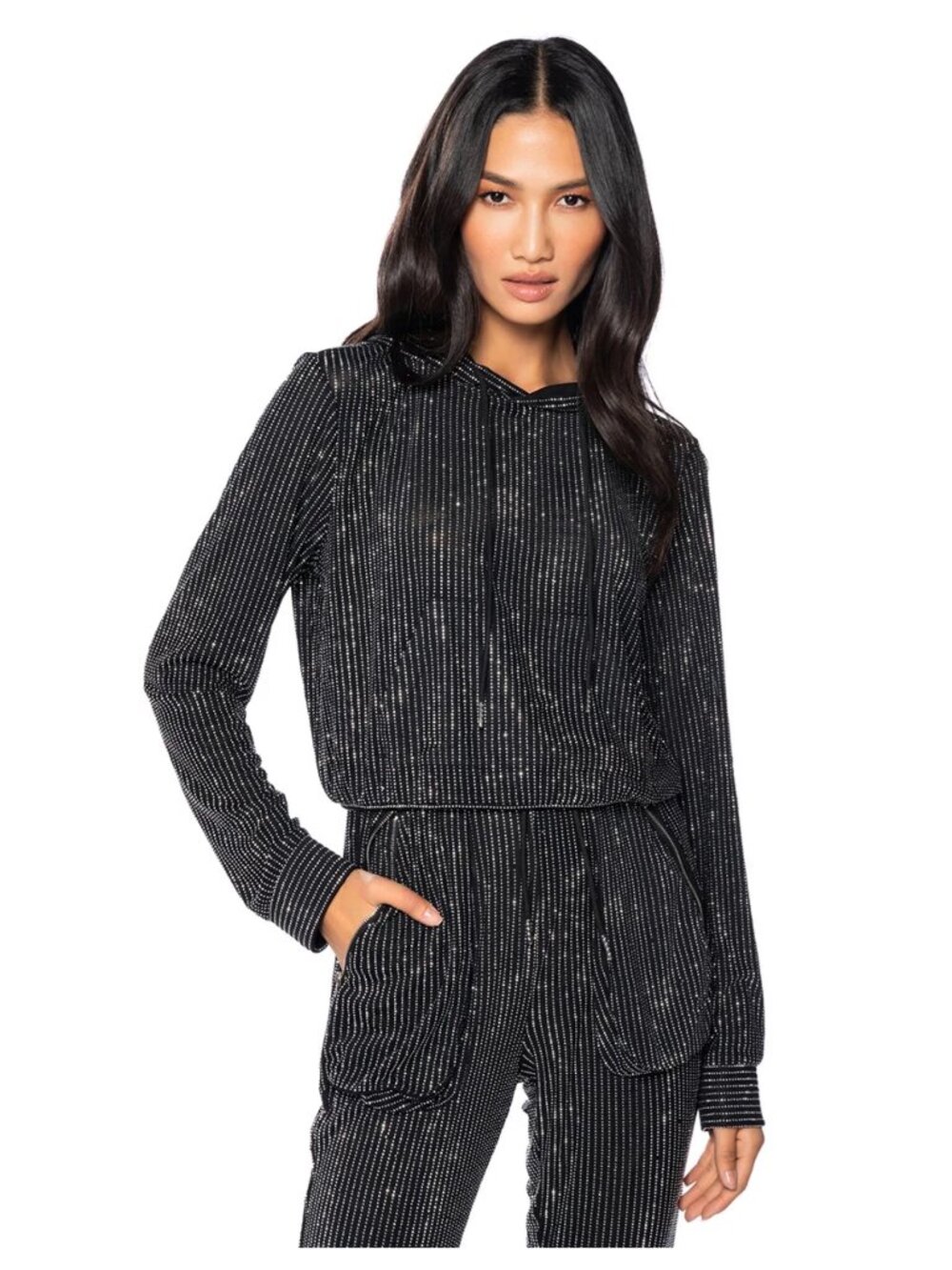AKIRA Label Black Marlow Embellished Mesh Hoodie